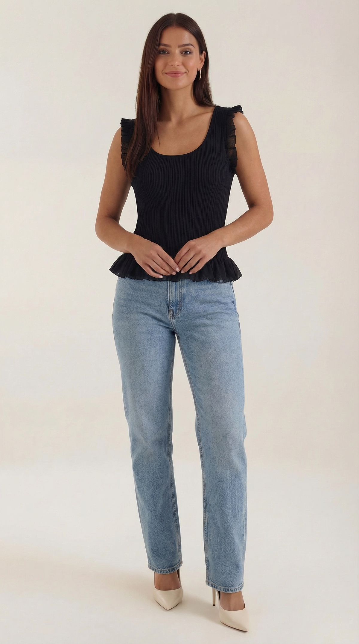 Tanktop in Rippstrick mit Rüschenbesatz und Peplumsaum für Damen - Schwarz