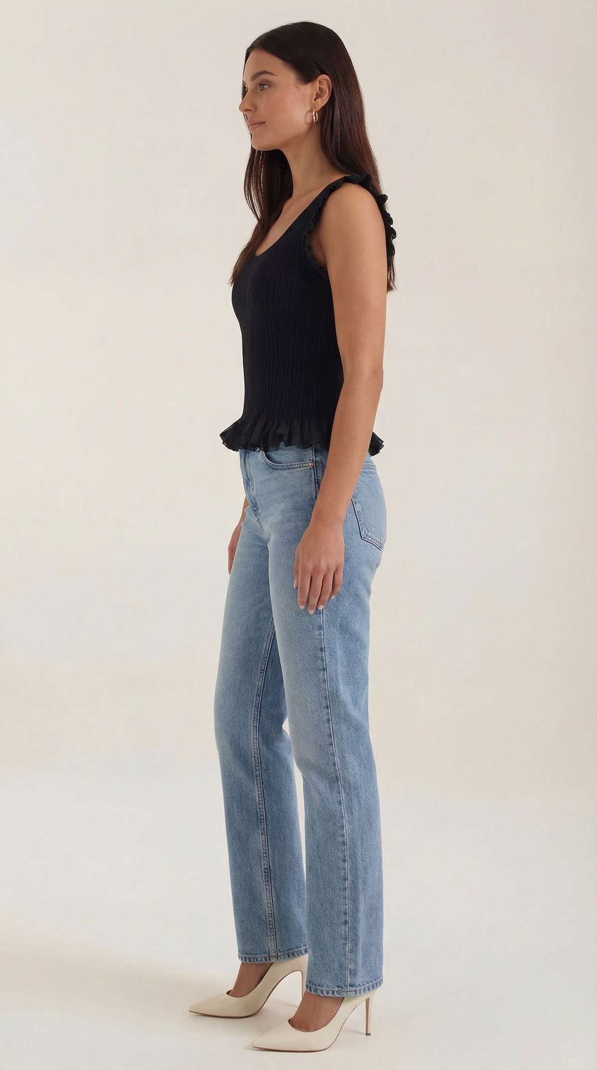 Tanktop in Rippstrick mit Rüschenbesatz und Peplumsaum für Damen