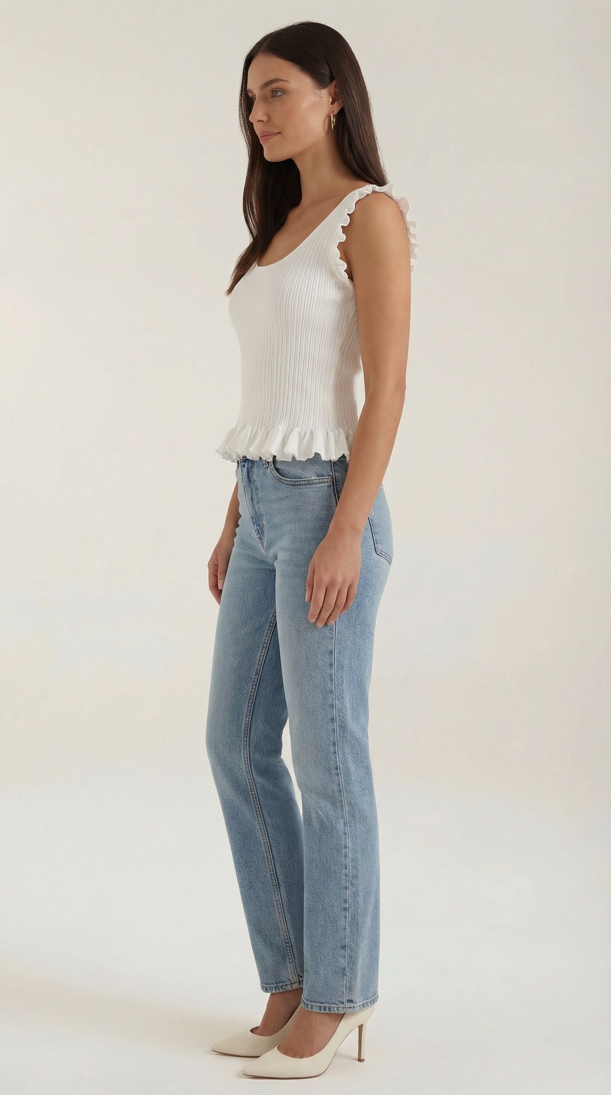 Tanktop in Rippstrick mit Rüschenbesatz und Peplumsaum für Damen