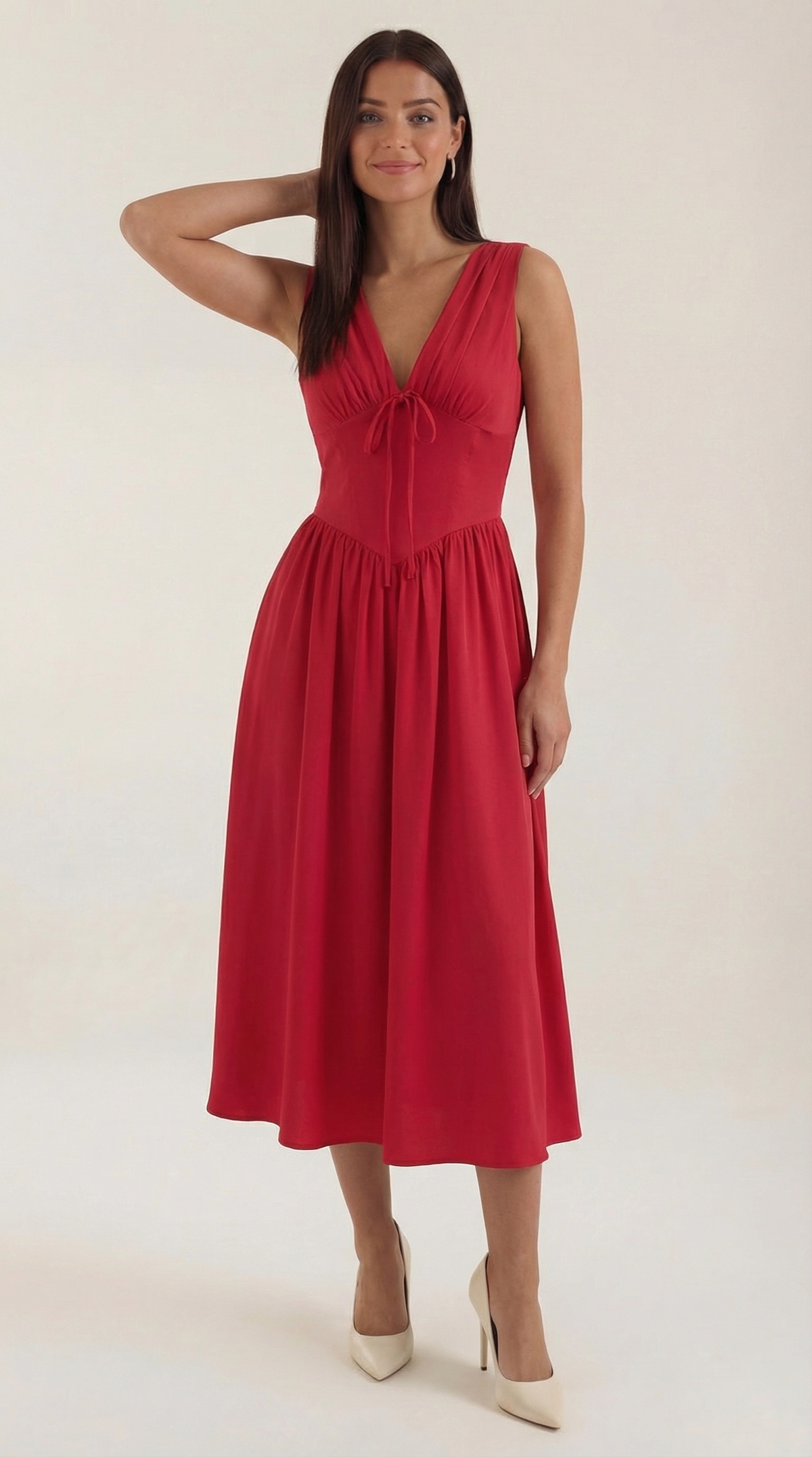 Midikleid mit tiefem V-Ausschnitt und gerafftem Rock für Damen - Rot