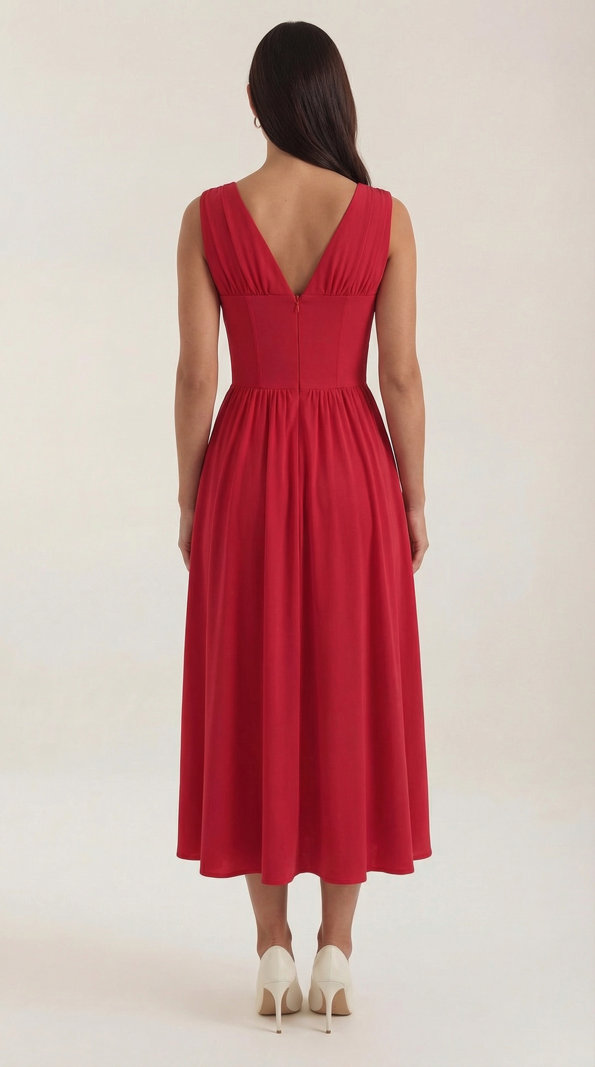 Midikleid mit tiefem V-Ausschnitt und gerafftem Rock für Damen