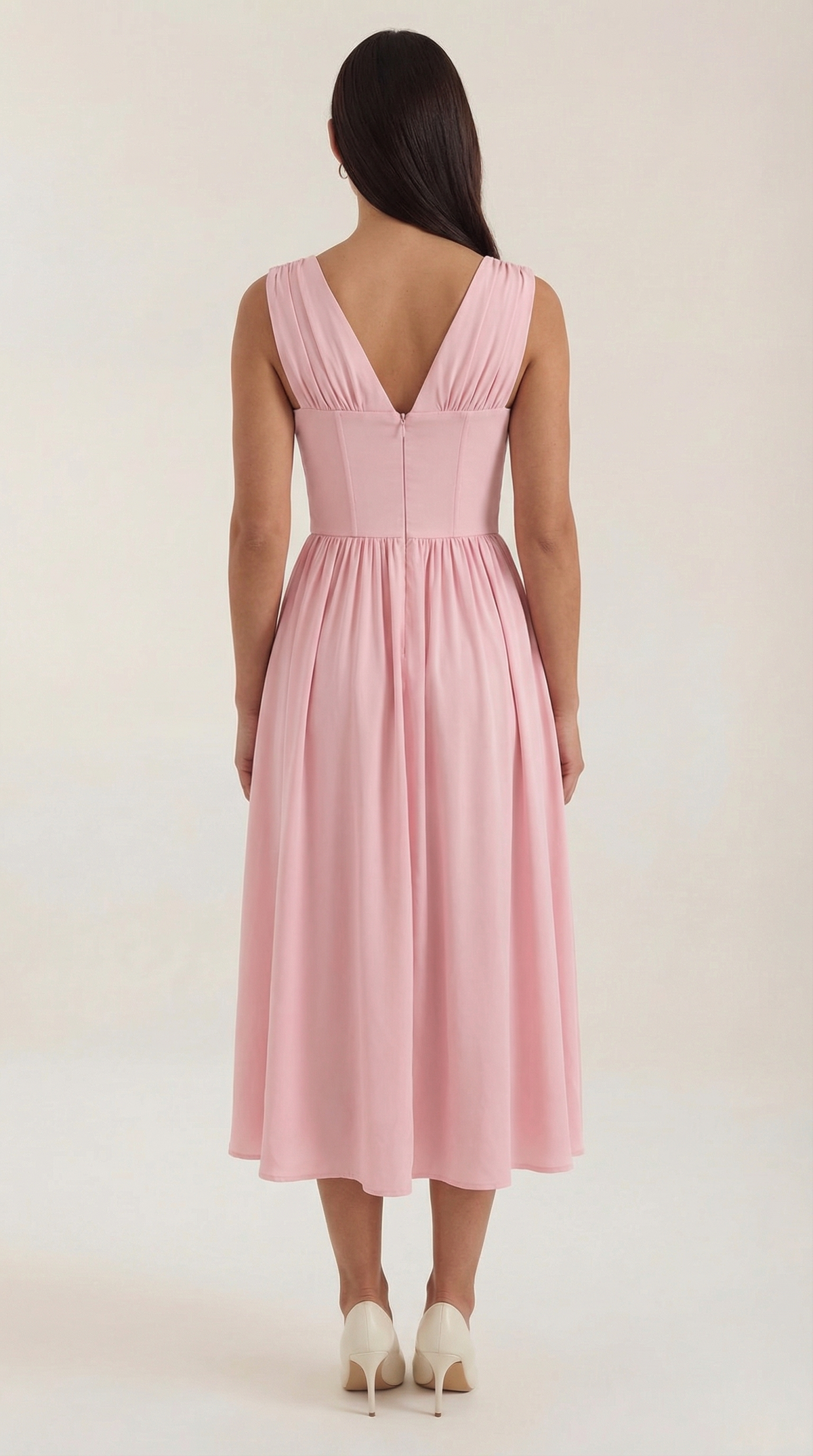Midikleid mit tiefem V-Ausschnitt und gerafftem Rock für Damen