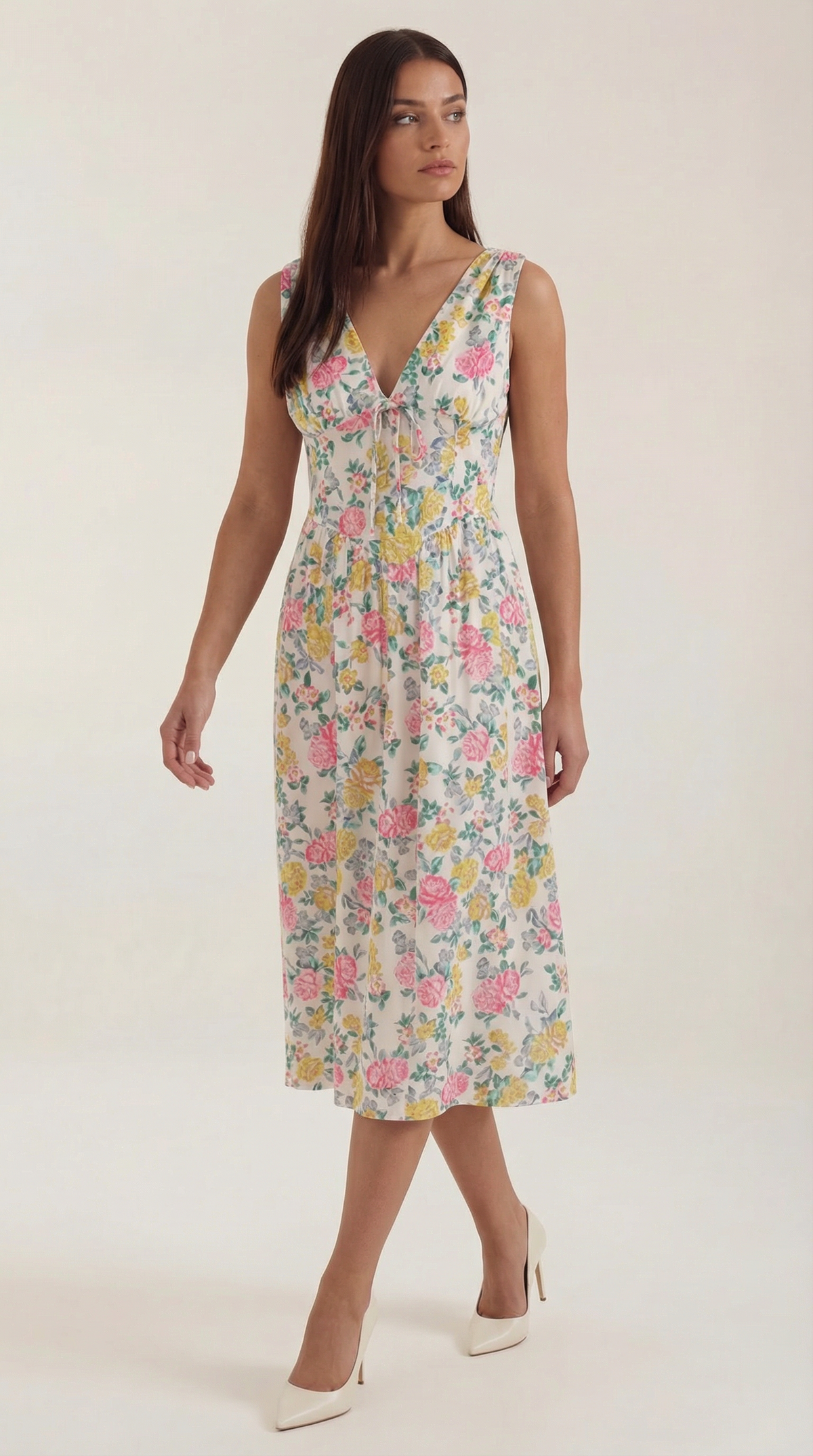 Midikleid mit tiefem V-Ausschnitt und gerafftem Rock für Damen - Mintgrün