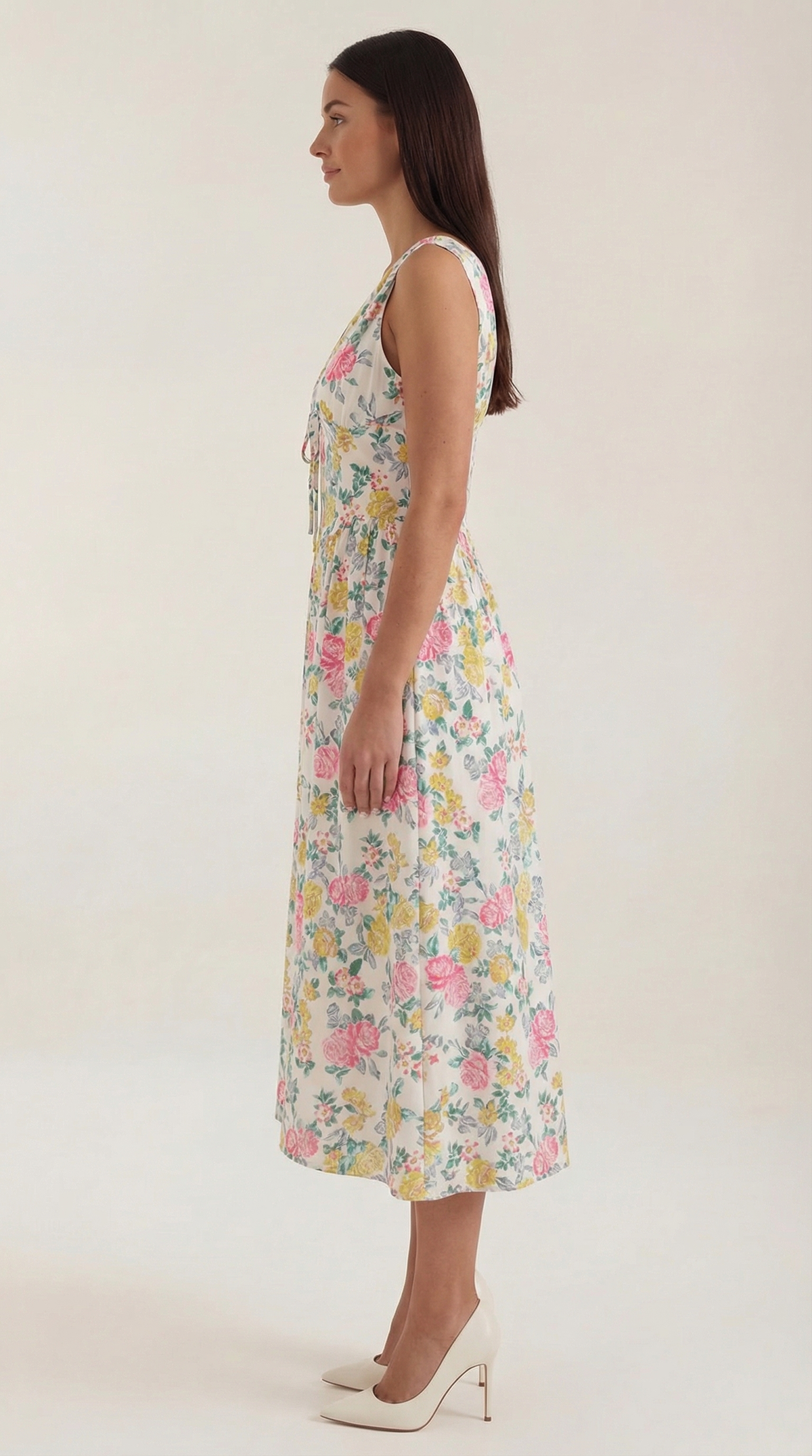 Midikleid mit tiefem V-Ausschnitt und gerafftem Rock für Damen
