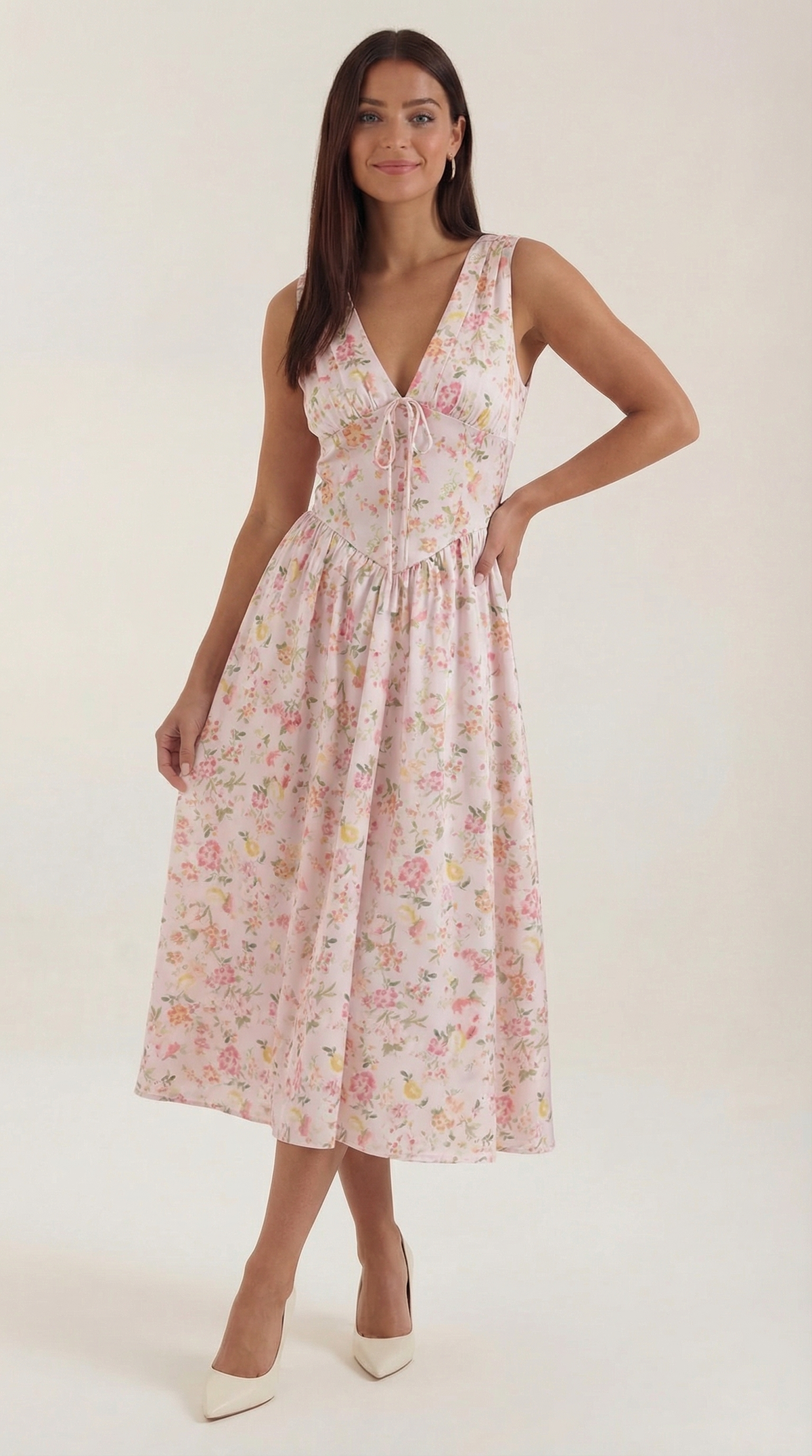 Midikleid mit tiefem V-Ausschnitt und gerafftem Rock für Damen - Hellrosa