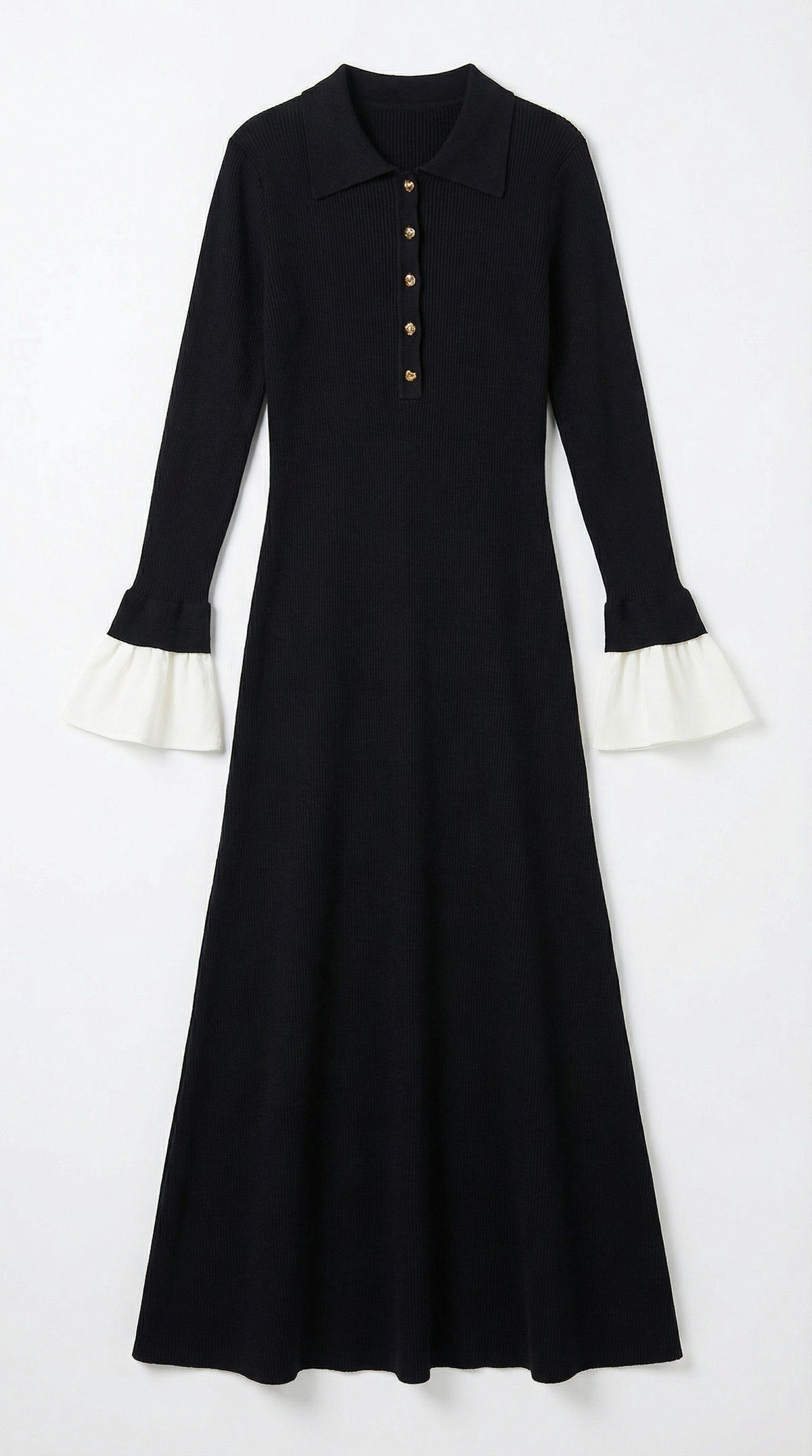 Langes Strickkleid mit Polokragen und Kontrastmanschetten für Damen