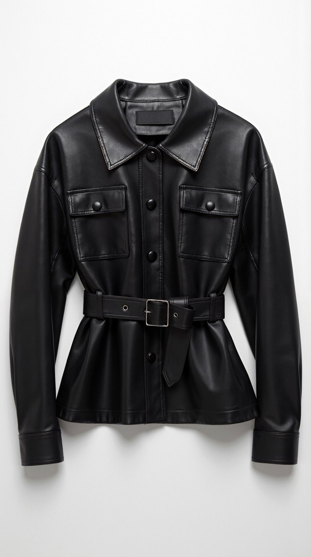 Kunstlederjacke mit Gürtel, Hemdkragen und Taschen für Damen