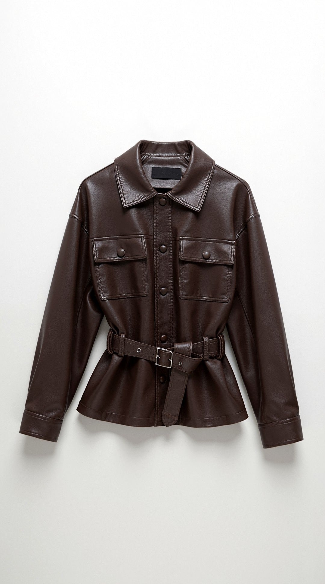 Kunstlederjacke mit Gürtel, Hemdkragen und Taschen für Damen