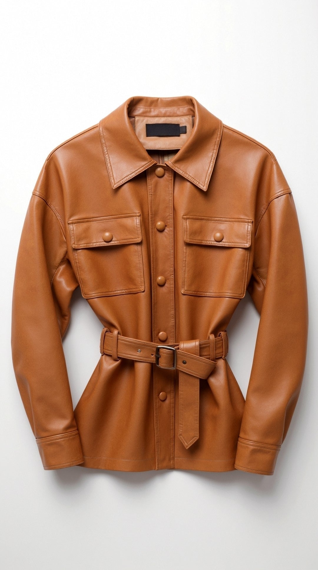 Kunstlederjacke mit Gürtel, Hemdkragen und Taschen für Damen