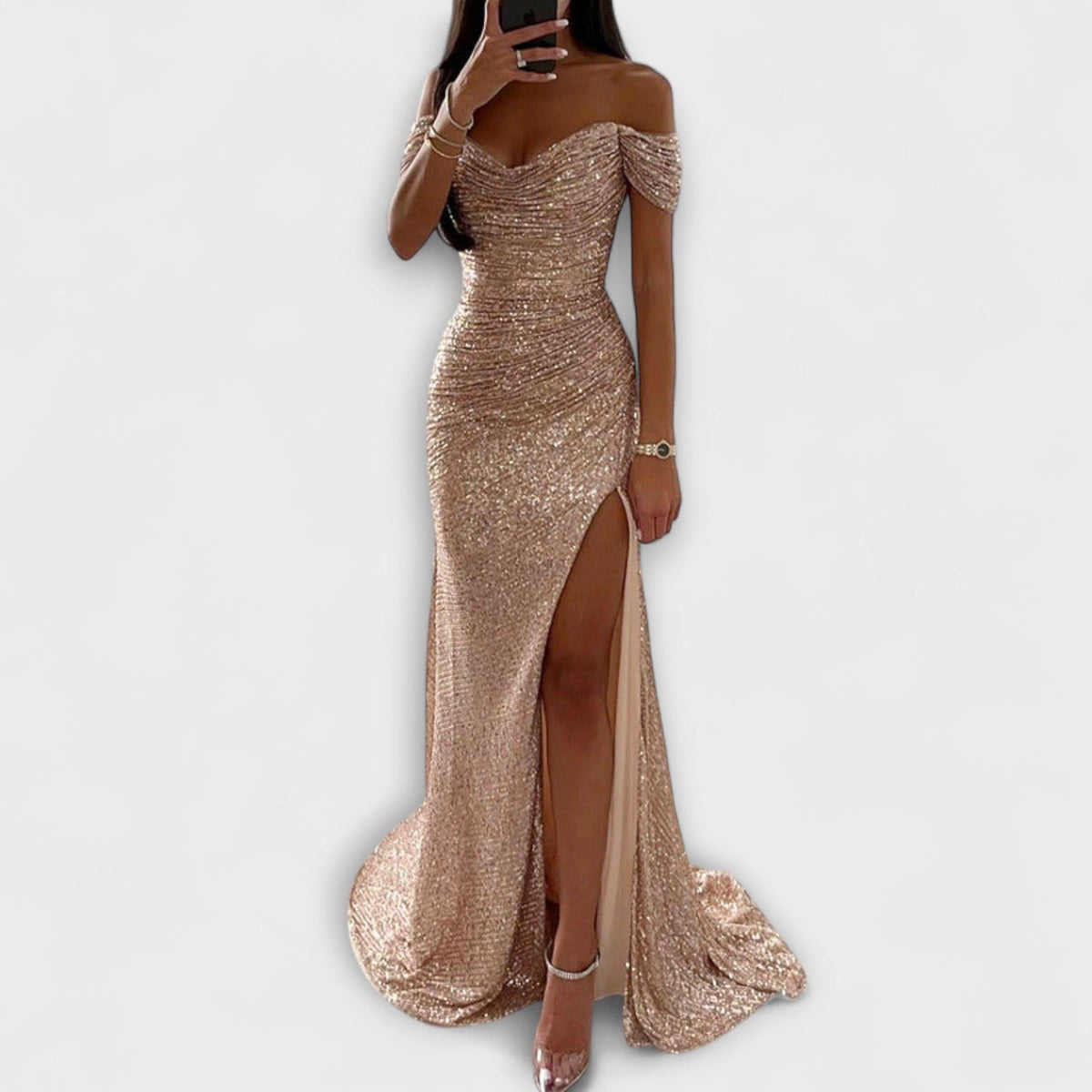 Festliches Kleid mit Glitzer, Carmen-Ausschnitt und Schleppe für Damen