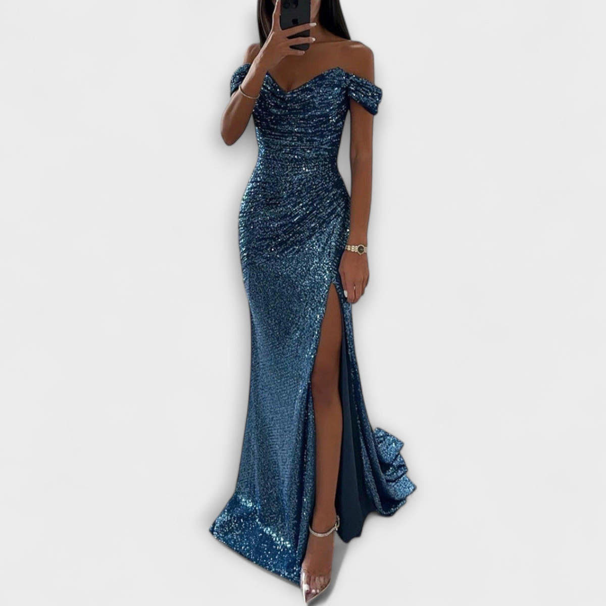 Festliches Kleid mit Glitzer, Carmen-Ausschnitt und Schleppe für Damen