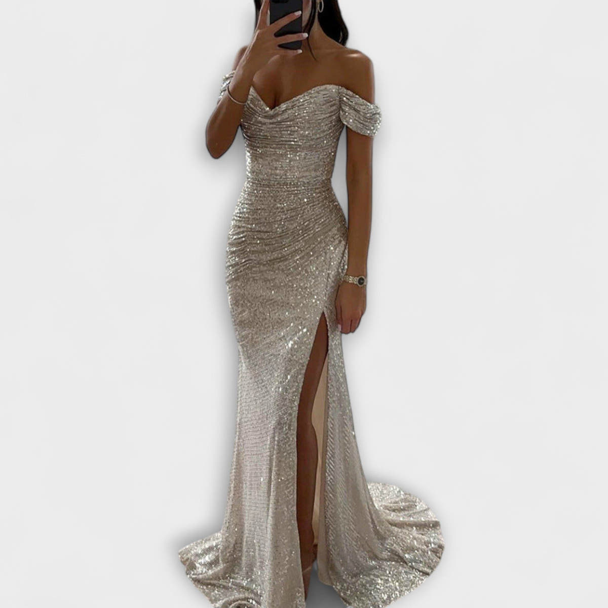 Festliches Kleid mit Glitzer, Carmen-Ausschnitt und Schleppe für Damen