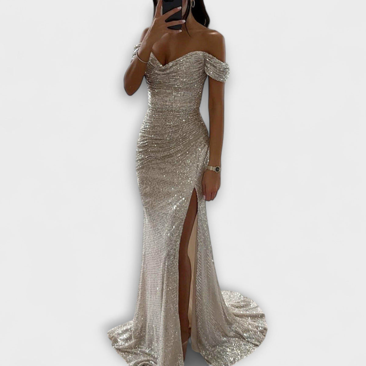 Festliches Kleid mit Glitzer, Carmen-Ausschnitt und Schleppe für Damen