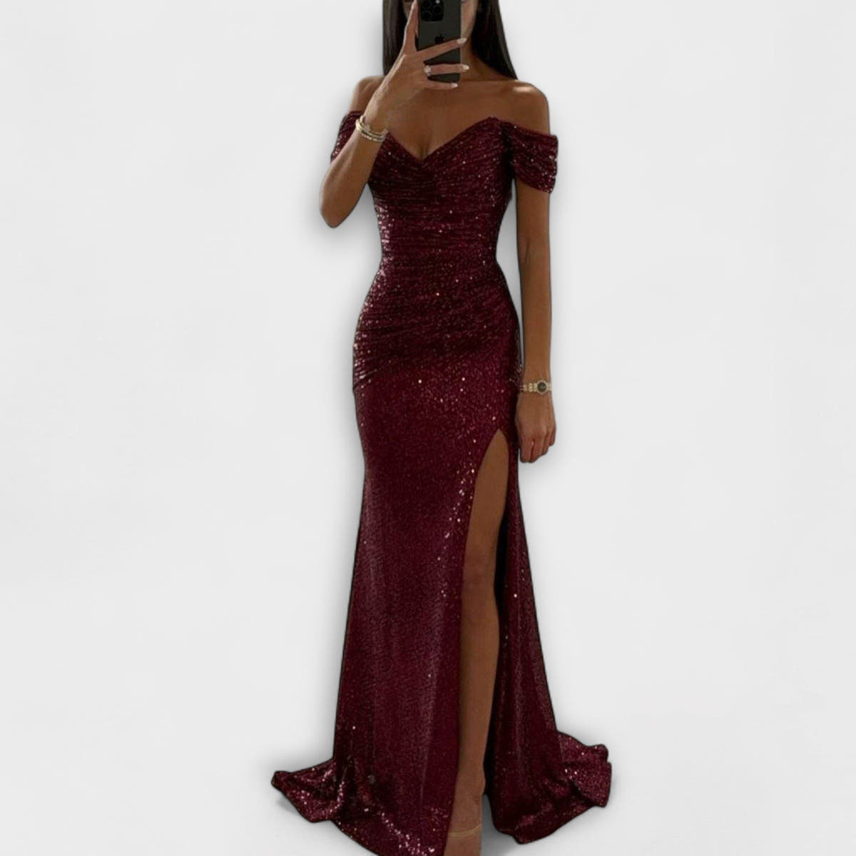 Festliches Kleid mit Glitzer, Carmen-Ausschnitt und Schleppe für Damen