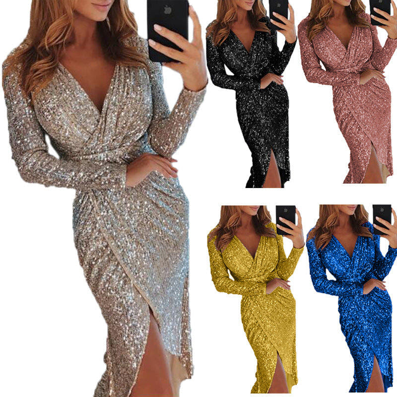 Festliches Kleid mit Glitzer und Wickeloptik in Midilänge für Damen
