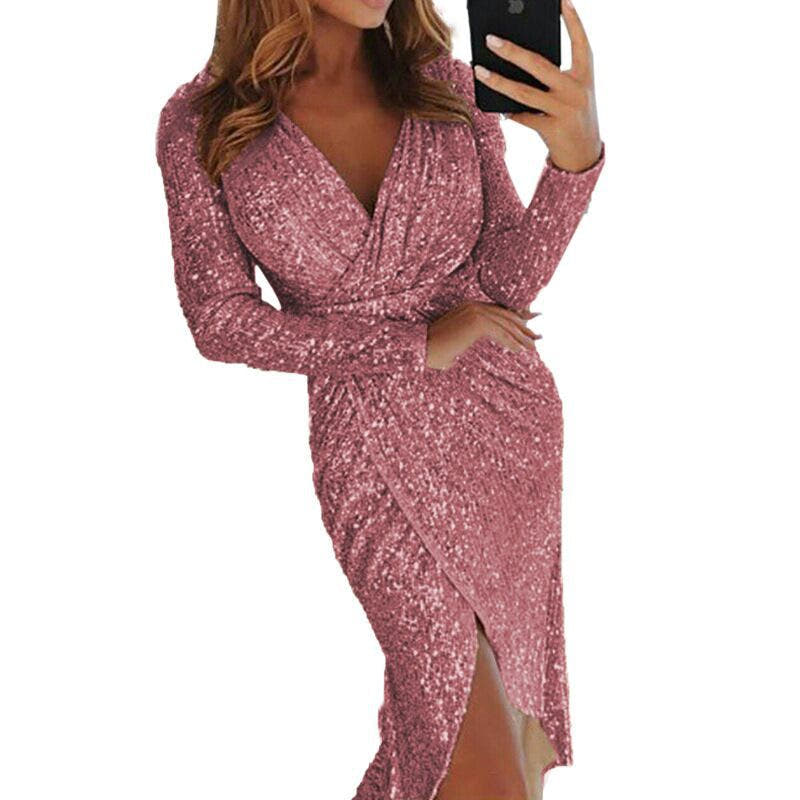 Festliches Kleid mit Glitzer und Wickeloptik in Midilänge für Damen