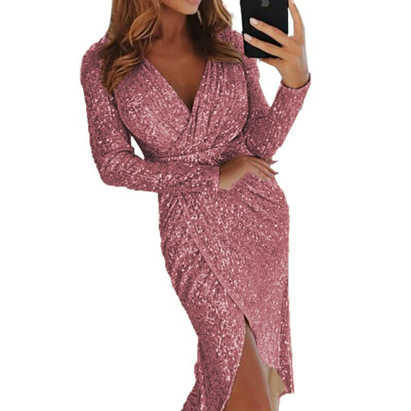 Festliches Kleid mit Glitzer und Wickeloptik in Midilänge für Damen