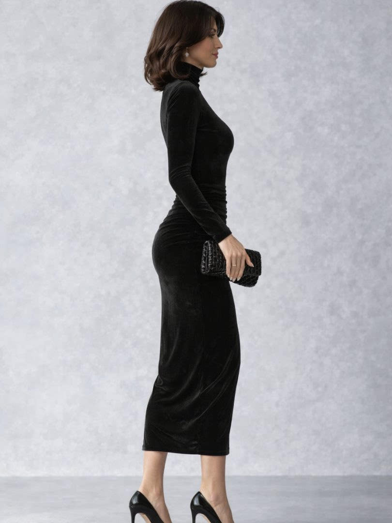 Festliches Kleid aus Samt mit Raffung und Rollkragen für Damen