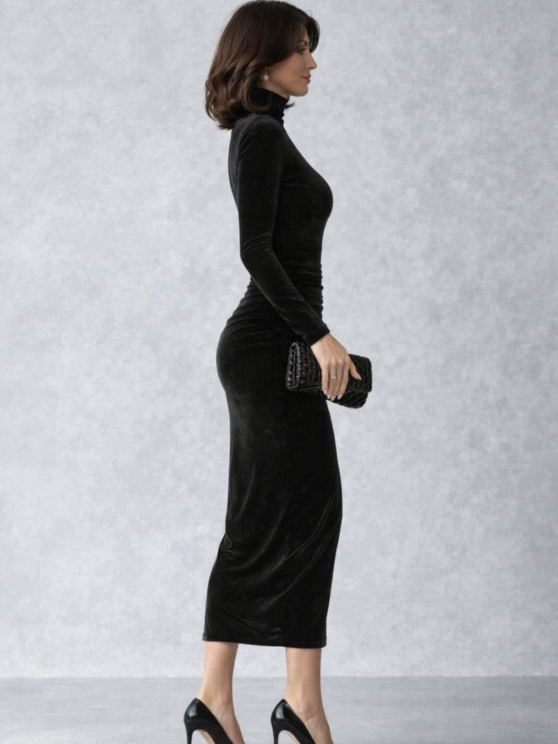 Festliches Kleid aus Samt mit Raffung und Rollkragen für Damen