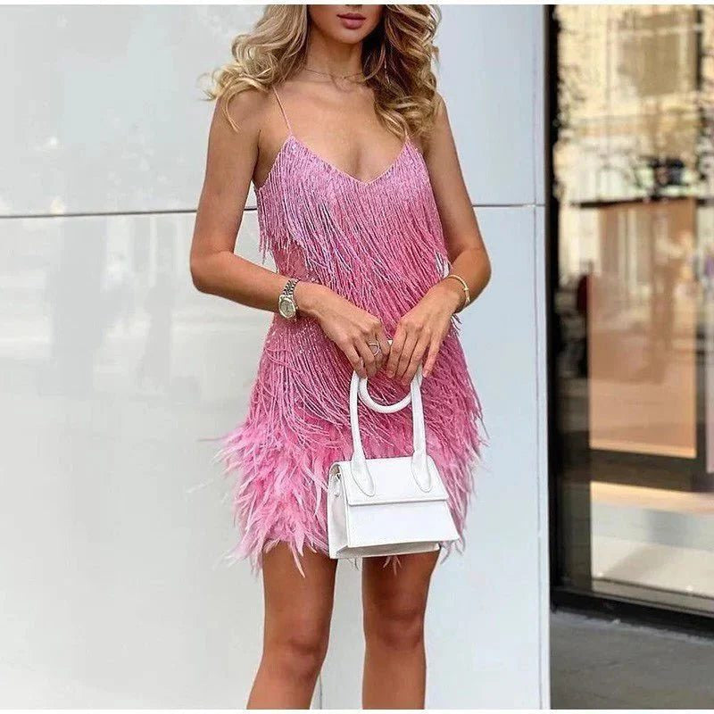 Festliches Kleid mit Pailletten und Federsaum in Minilänge für Damen