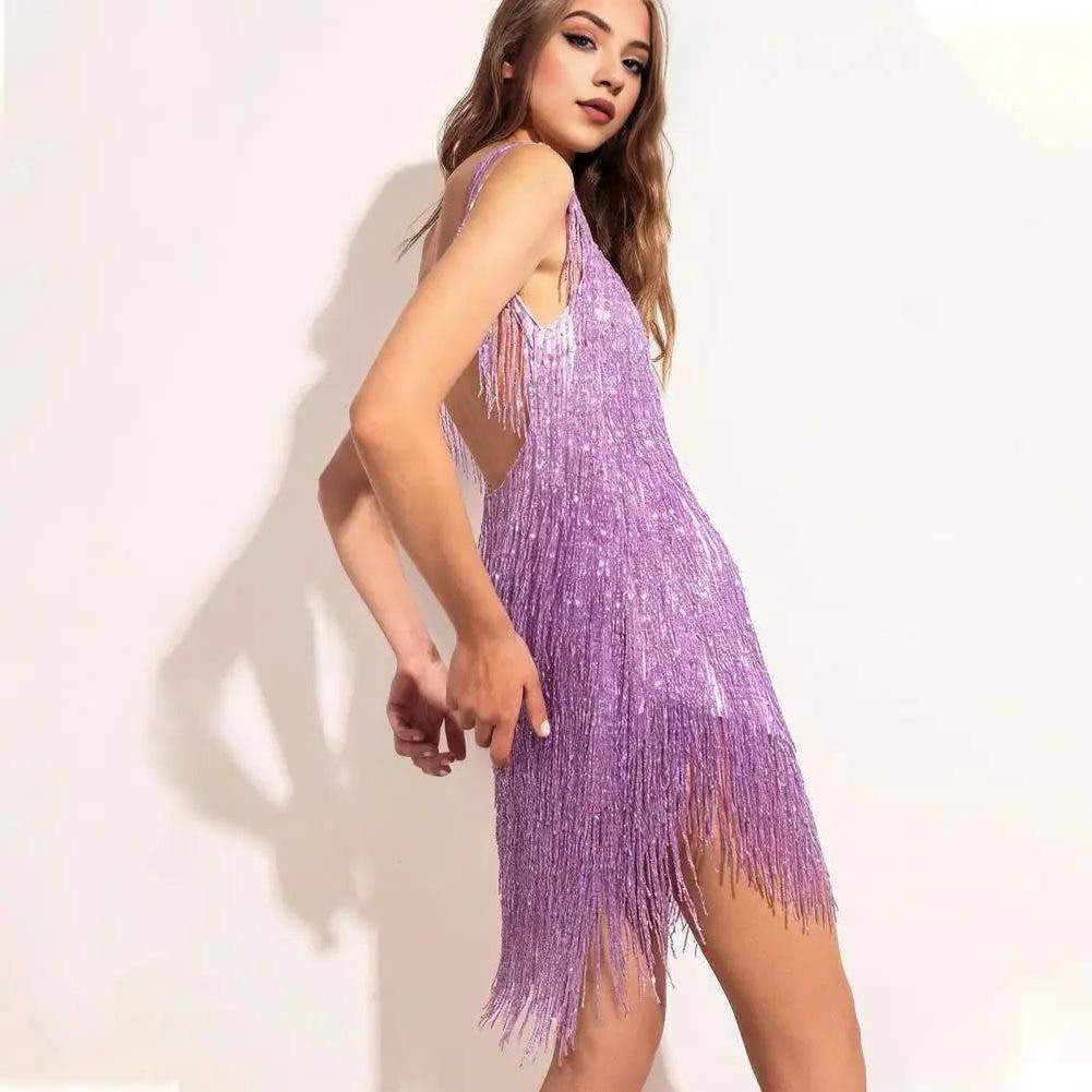 Festliches Kleid mit Pailletten und Fransensaum für Damen