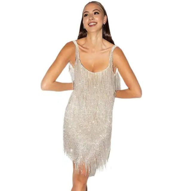 Festliches Kleid mit Pailletten und Fransensaum für Damen
