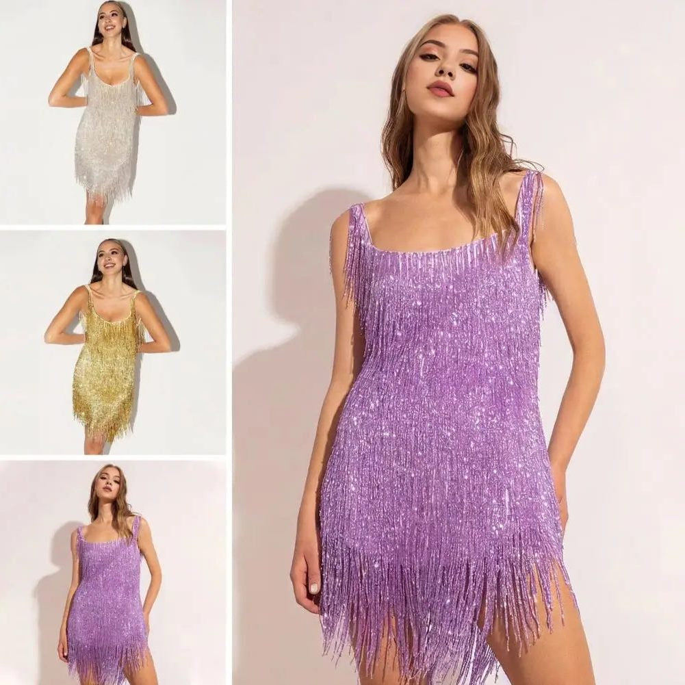Festliches Kleid mit Pailletten und Fransensaum für Damen