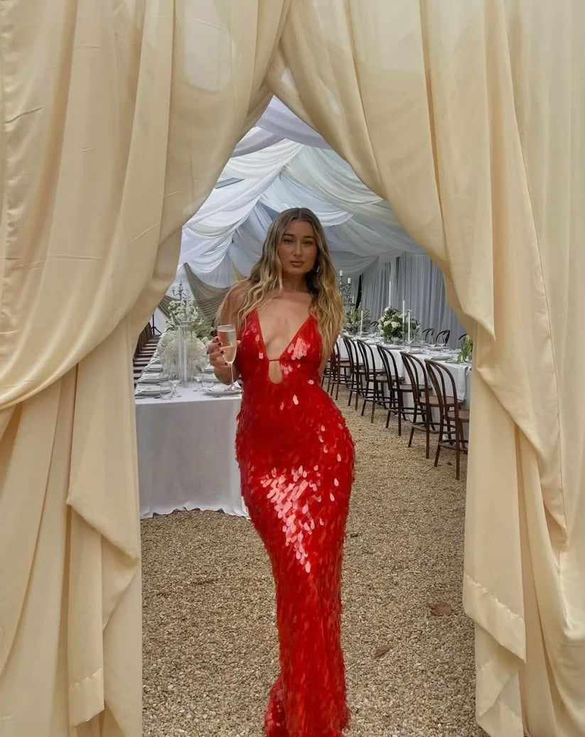 Festliches Kleid mit offenem Rücken und V-Ausschnitt für Damen