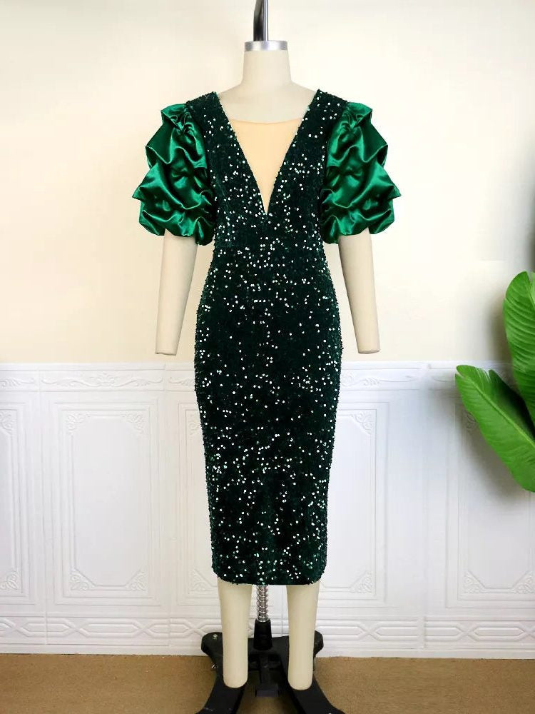 Festliches Kleid mit Pailletten und Puffärmeln mit Raffung für Damen