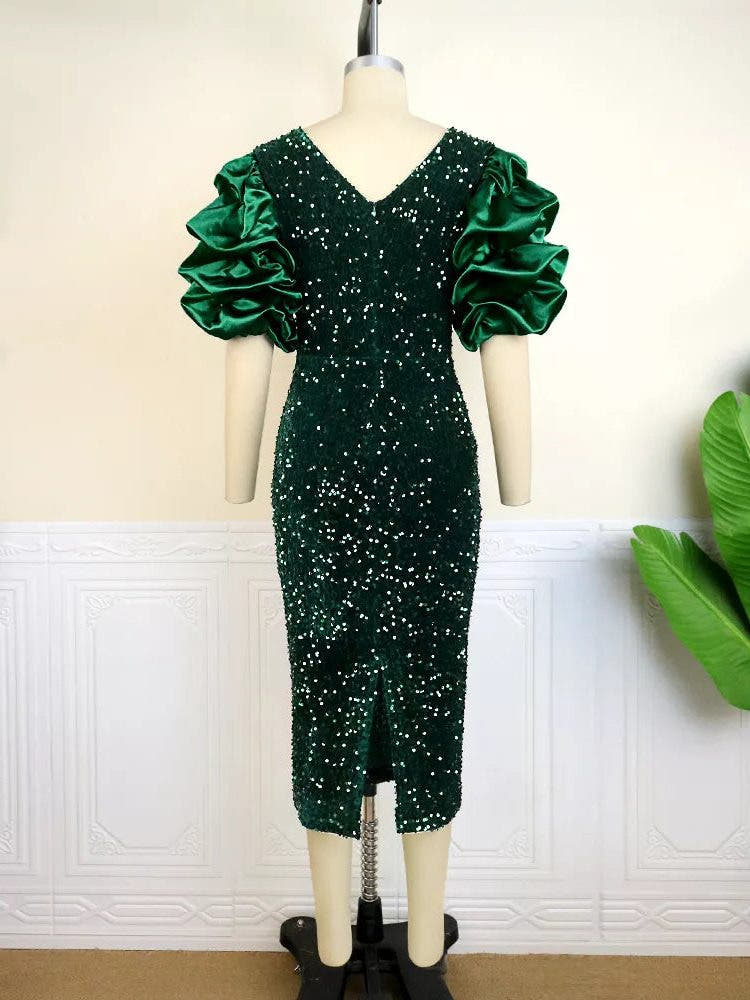 Festliches Kleid mit Pailletten und Puffärmeln mit Raffung für Damen