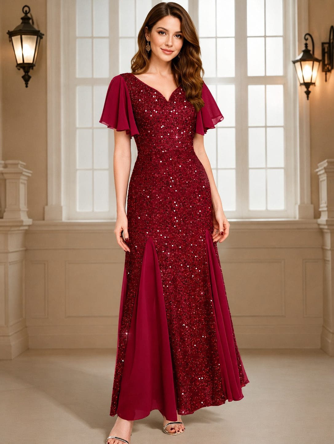 Festliches Kleid mit Paillettenoberteil und Flatterärmeln für Damen