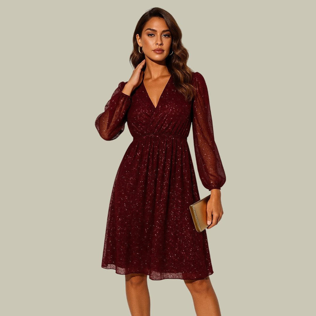 Festliches Kleid mit Wickelausschnitt und Mesh-Ärmeln für Damen