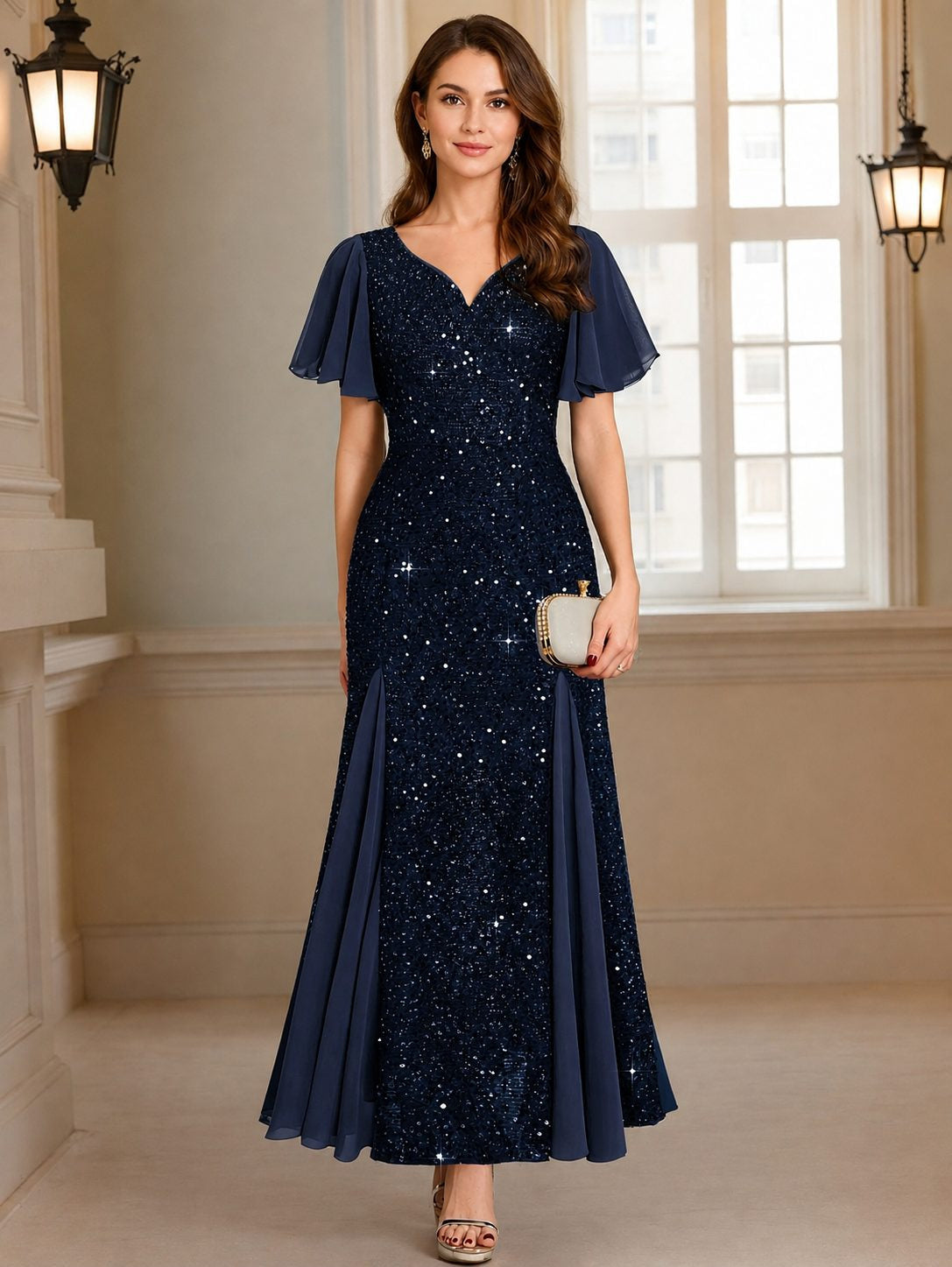 Festliches Kleid mit Paillettenoberteil und Flatterärmeln für Damen