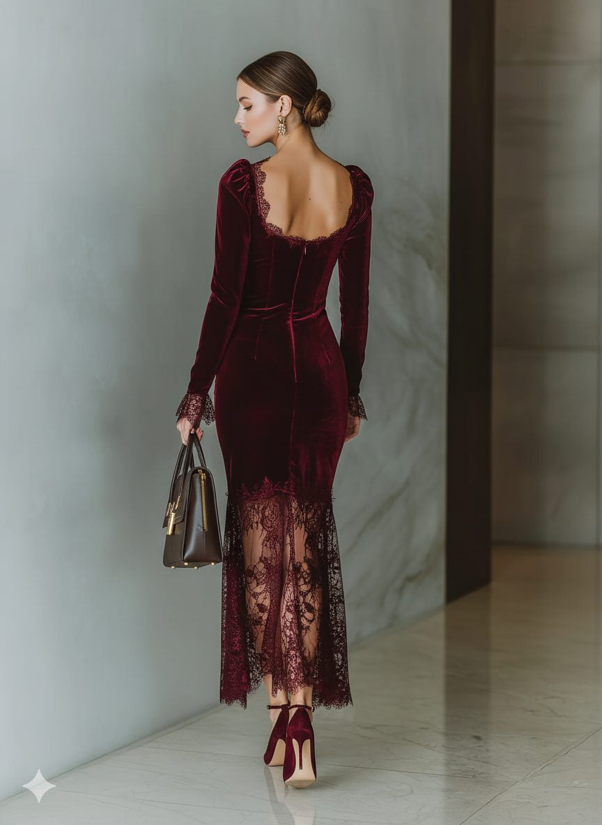 Festliches Kleid mit Spitzenbesatz und eckigem Ausschnitt für Damen