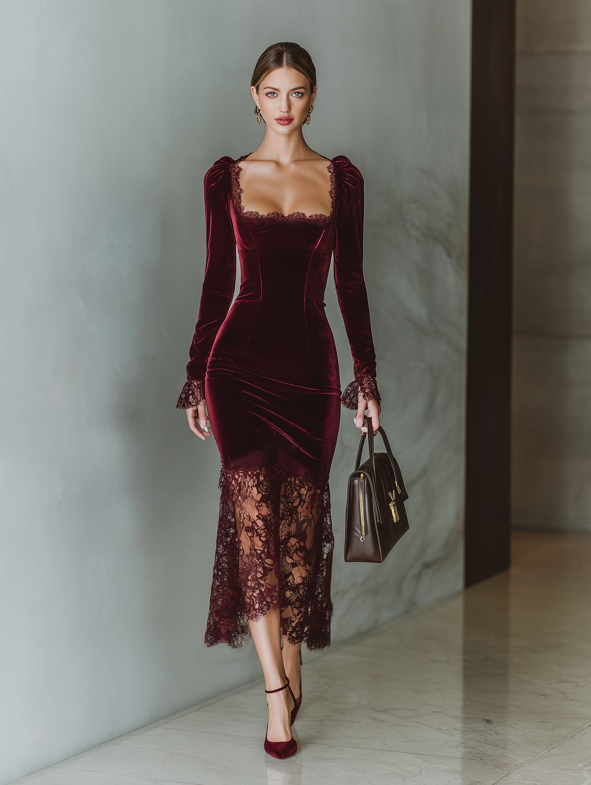 Festliches Kleid mit Spitzenbesatz und eckigem Ausschnitt für Damen