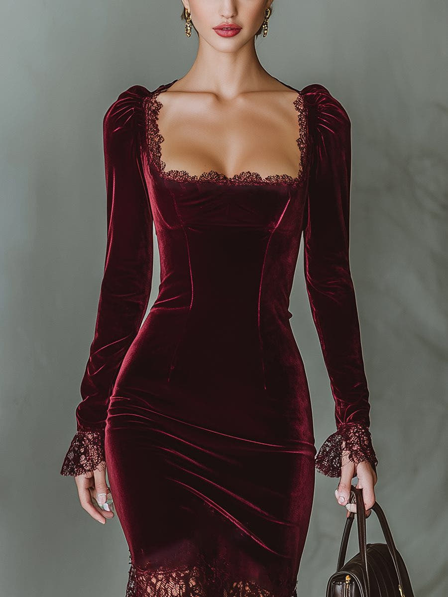 Festliches Kleid mit Spitzenbesatz und eckigem Ausschnitt für Damen