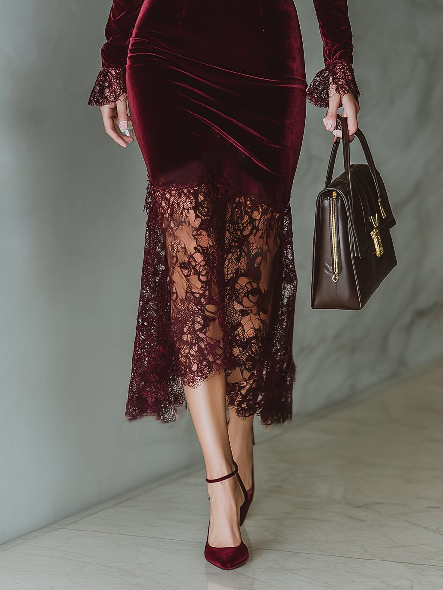 Festliches Kleid mit Spitzenbesatz und eckigem Ausschnitt für Damen