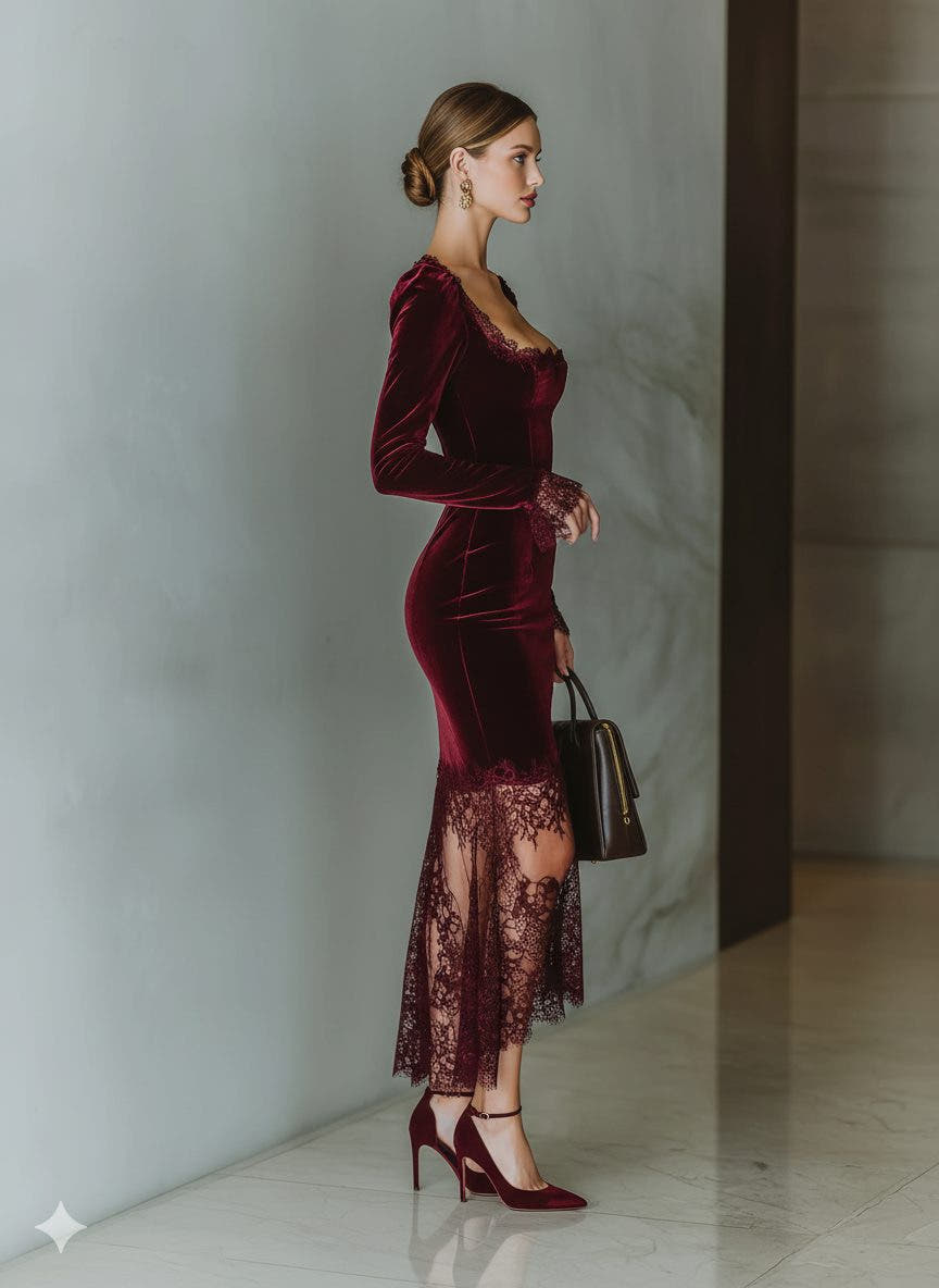 Festliches Kleid mit Spitzenbesatz und eckigem Ausschnitt für Damen