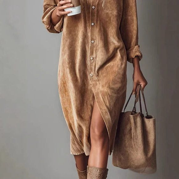 Midikleid aus Cord mit Knopfleiste und lockerer Passform für Damen
