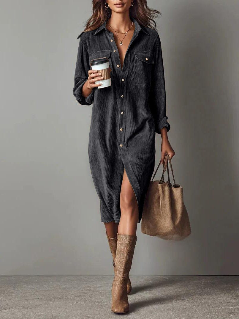 Midikleid aus Cord mit Knopfleiste und lockerer Passform für Damen