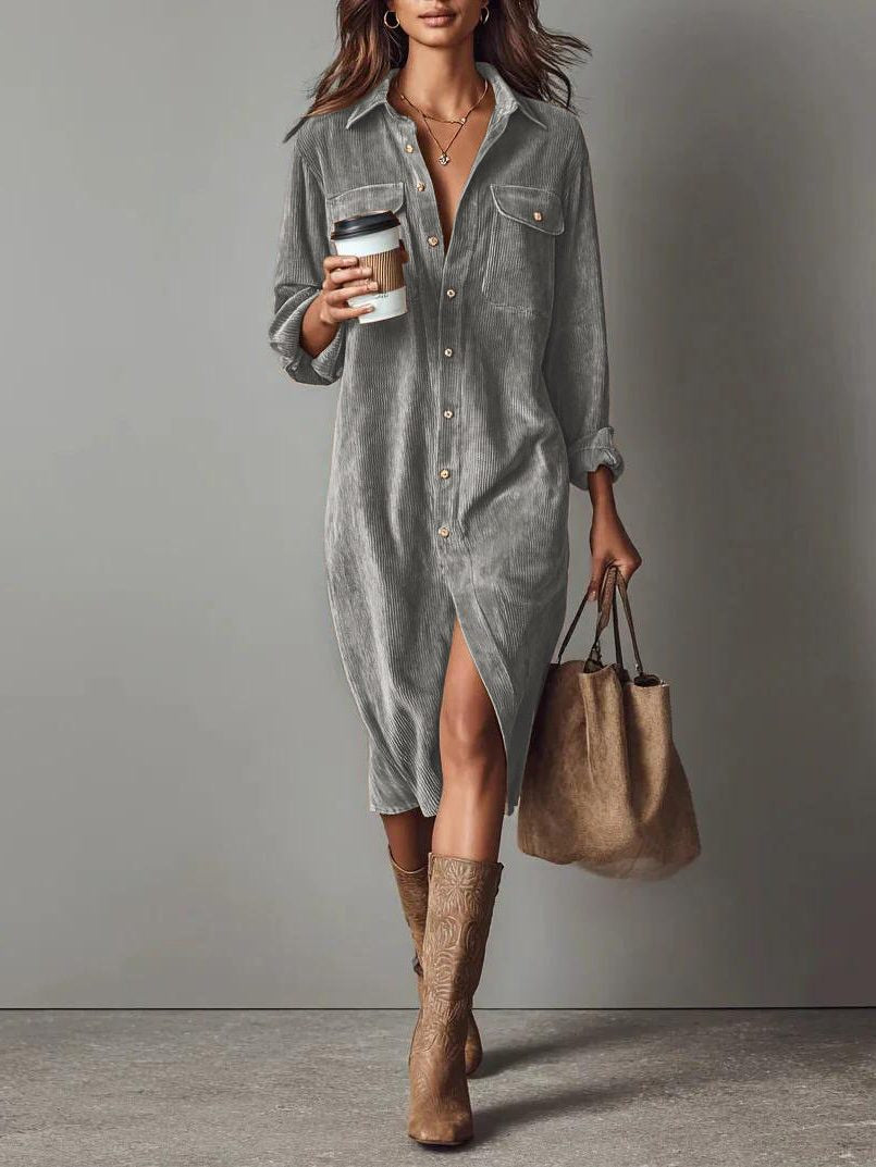 Midikleid aus Cord mit Knopfleiste und lockerer Passform für Damen