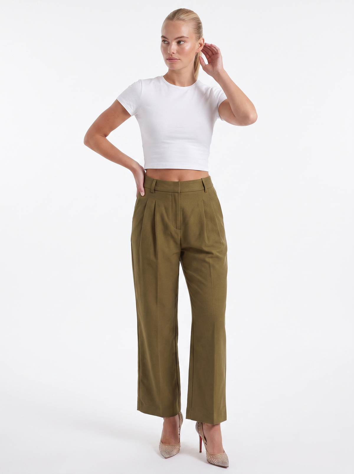 Stoffhose in Anzugoptik mit Bundfalten und weitem Bein für Damen - Dunkelgrün
