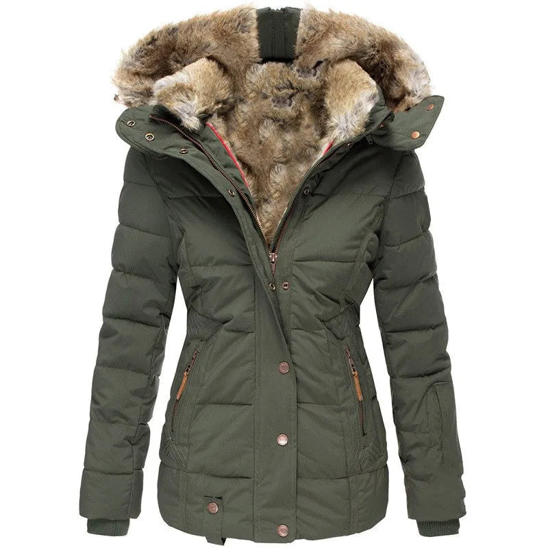 Daunenjacke Damen tailliert, hüftlang mit Kapuze für den Winter