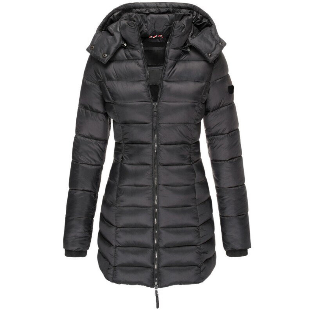 Daunenjacke Damen warm, oberschenkellang mit Kapuze