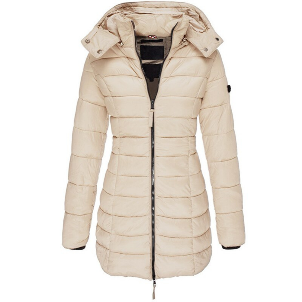 Daunenjacke Damen warm, oberschenkellang mit Kapuze