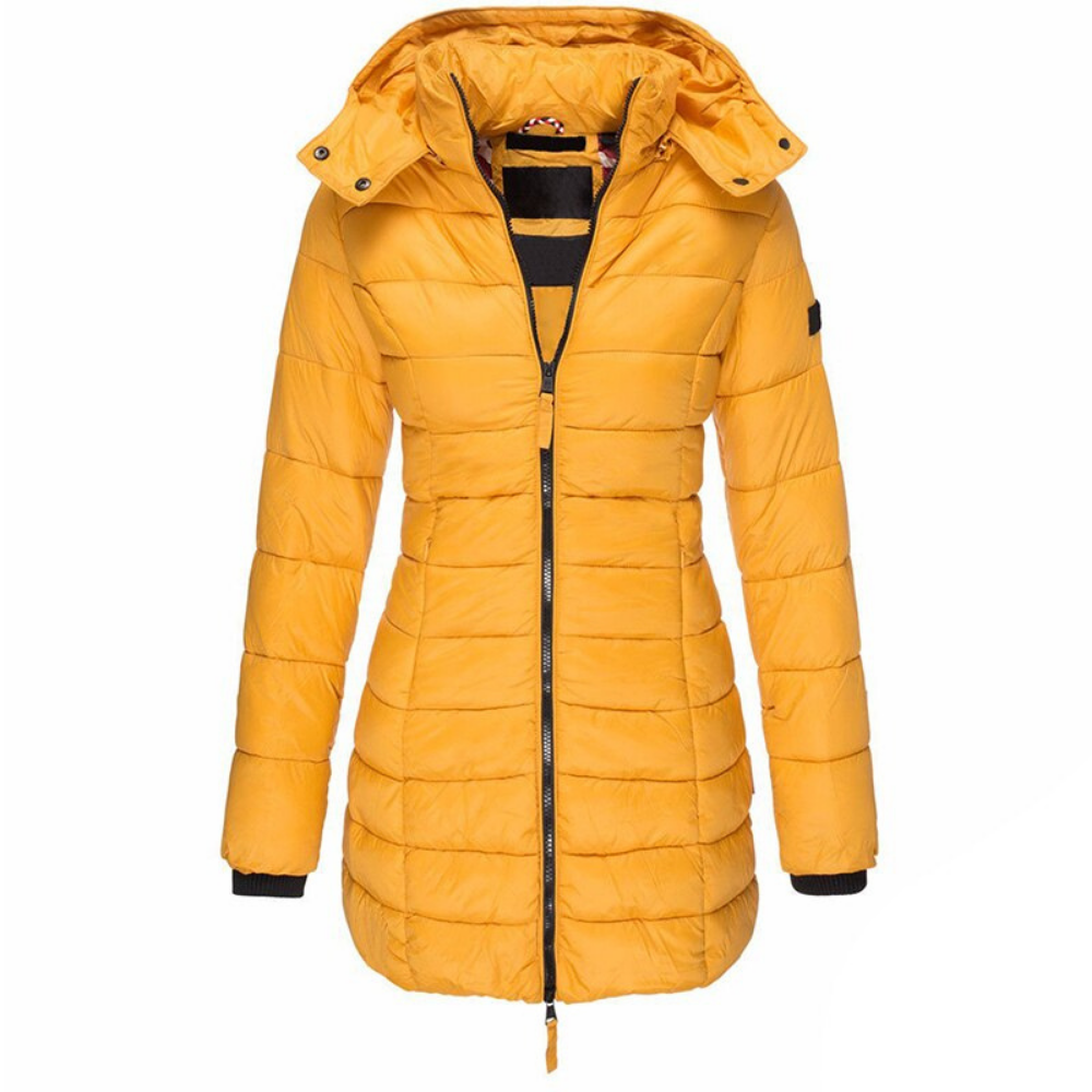 Daunenjacke Damen warm, oberschenkellang mit Kapuze