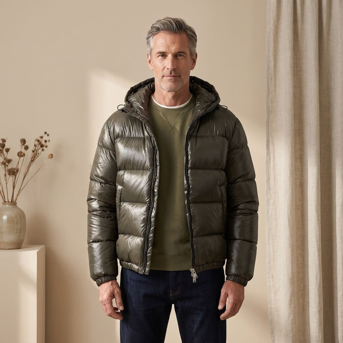 Daunenjacke Herren wasserabweisend mit Kapuze, gesteppte Winterjacke