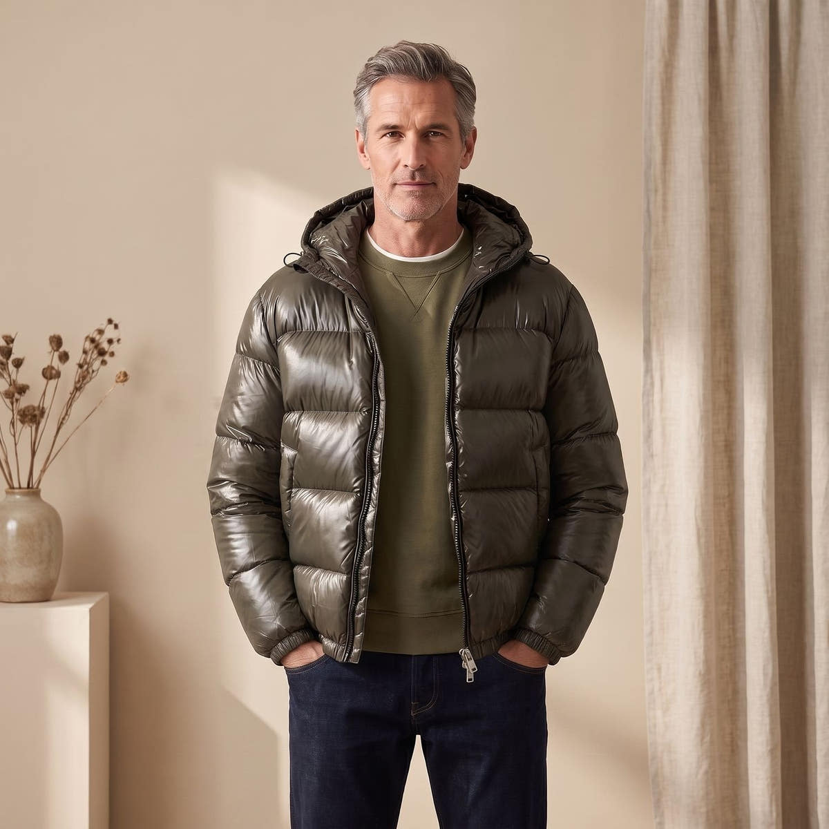 Daunenjacke Herren wasserabweisend mit Kapuze, gesteppte Winterjacke
