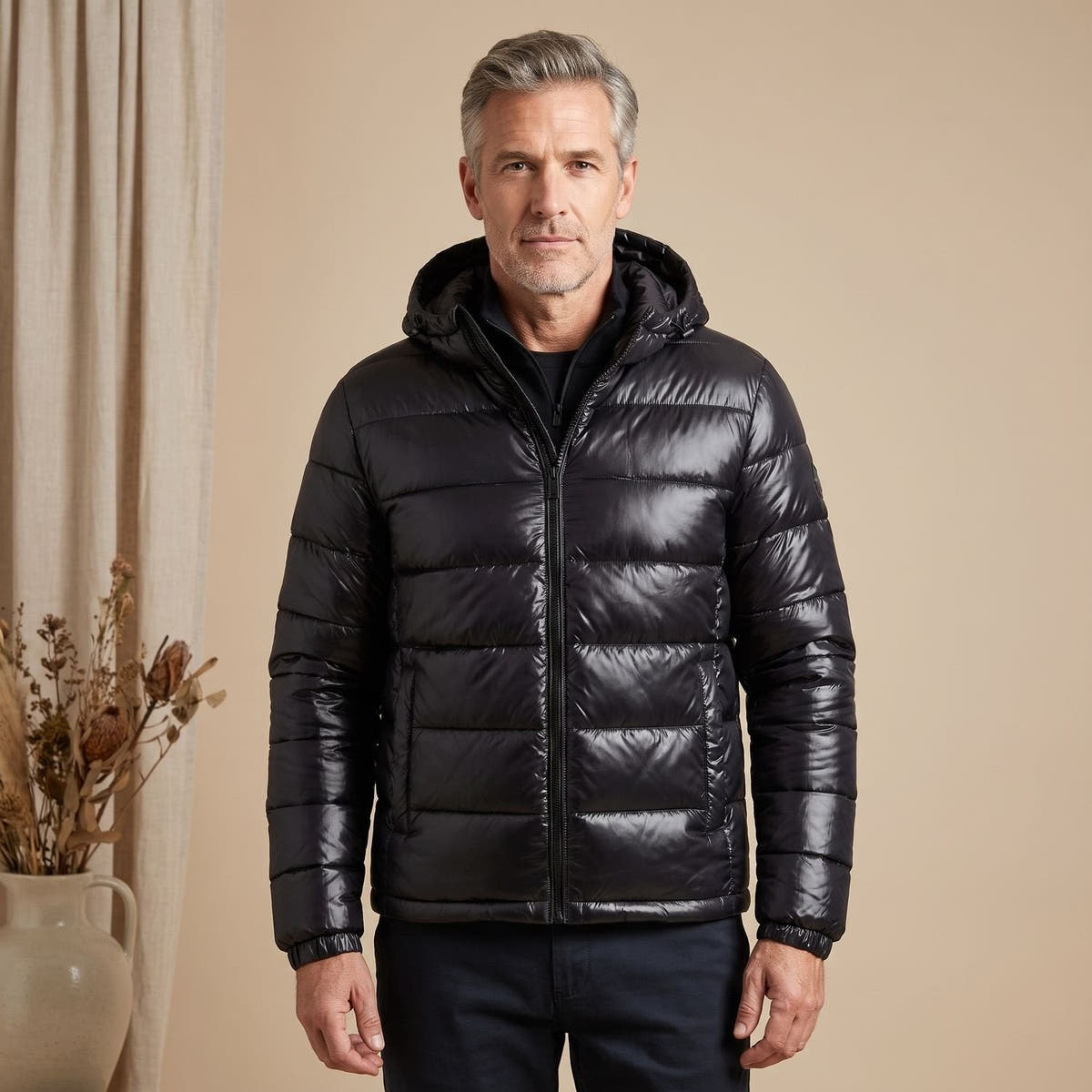 Daunenjacke Herren wasserabweisend mit Kapuze, gesteppte Winterjacke