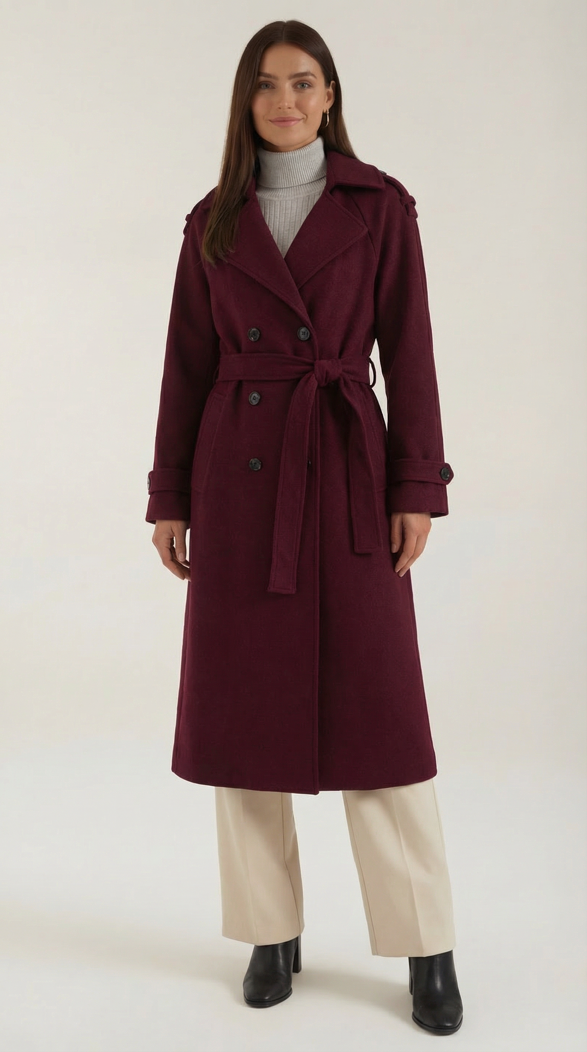 Trenchcoat mit Gürtel und zweireihiger Knopfleiste für Damen - Burgunderrot